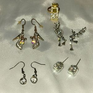 Lot 4 sparkly Rhinestone earrings 1 ring crawlers glitter high heels perfume bot